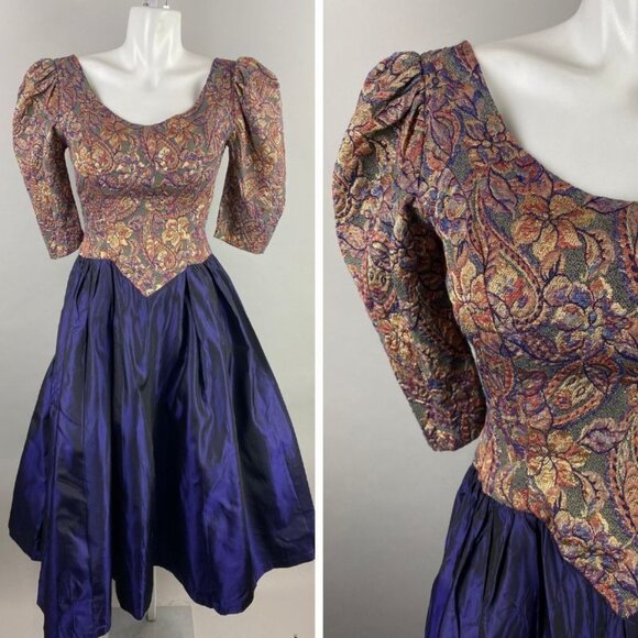 Vintage Dresses & Skirts - Vtg 80s Purple Gold Floral Tapestry Brocade Purple Taffeta Prom Tea Dress Glam S